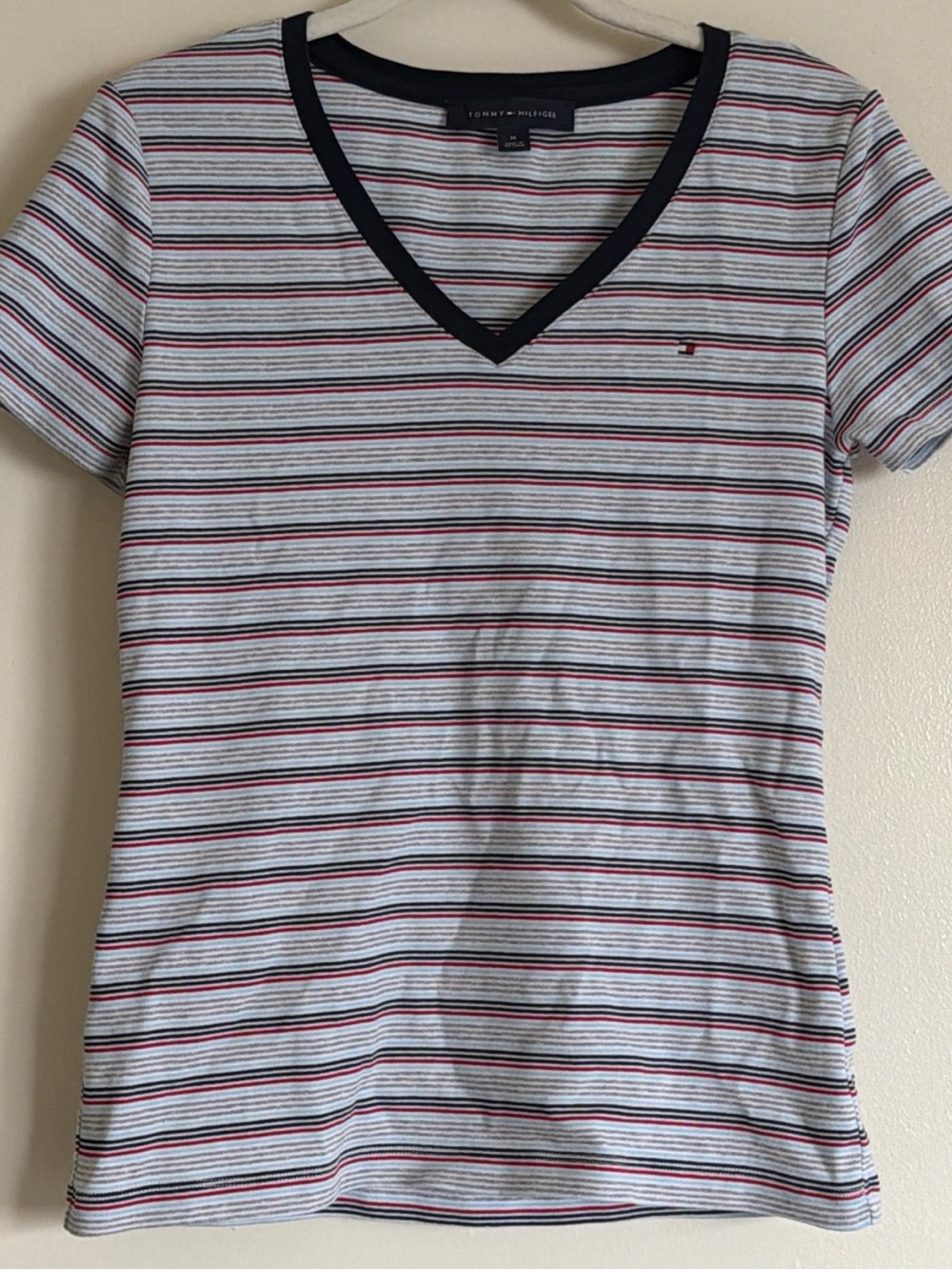 Tommy Hilfiger Blue/Red/Gray Stripe Cotton V-Neck Short Sleeve Tee Womens Medium